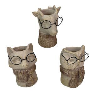 Set of 3 Bespectacled Animal Vases Fox Owl Deer Gold Accent Knit Scarves Glasses